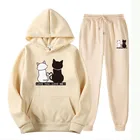 2021 на осень с изображением котенка, женский спортивный костюм Модный комплект из 2 предметов, спортивная одежда, комплект из двух предметов: толстовка с капюшоном + брюки, костюмы комплекты зимней одежды