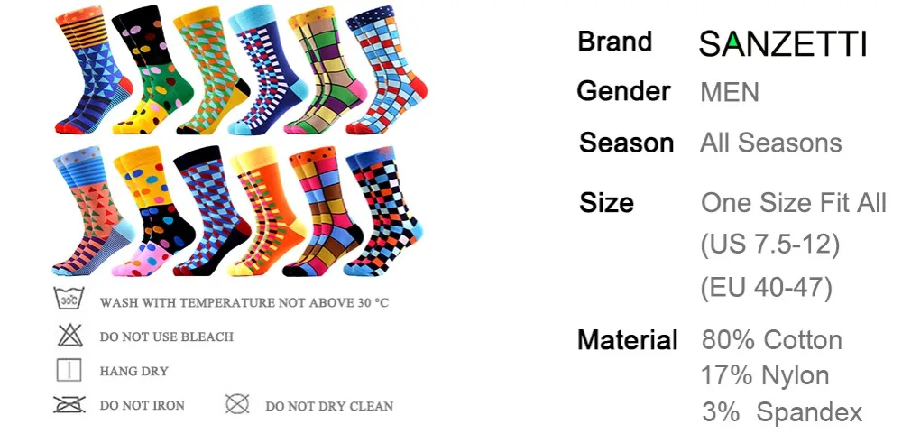 SANZETTI Men's Colorful Combed Cotton Happy Novelty Socks Hip Hop High Quality Skateboard Plaid Geometric Funny Socks For Gifts