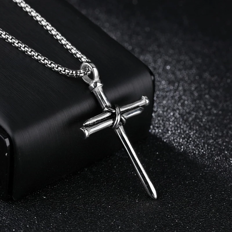 2020 New Fashion Cross Necklace Men Punk Nail Styling Pendant Black Gold Silver Color Chain Creative Gifts | Украшения и