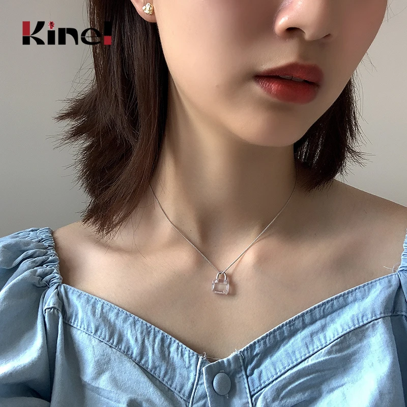 

Kinel Korean Necklace 925 Sterling Silver Zircon Lock Pendant Necklace INS Simple Luxury Necklaces for Women Silver Jewelry