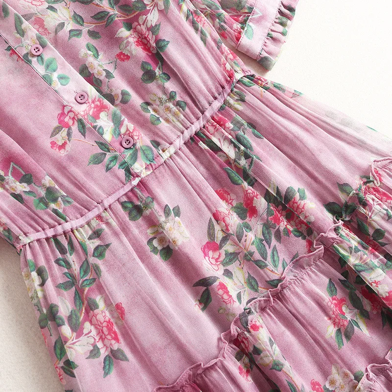 

High Quality 100% Silk Dress Women 2020 Summer Style Fashion Short Sleeve Floral Print Elastic Waist Aline Sweet Party Dresses