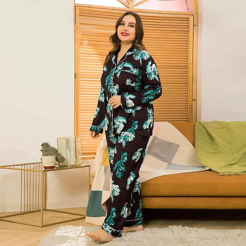 4XL Plus Size Autumn Women Pajamas Nice Good Quality Leaves Printing Pajama Sets Lovely Casual Pijama Pijimas Homewear Sleepwear