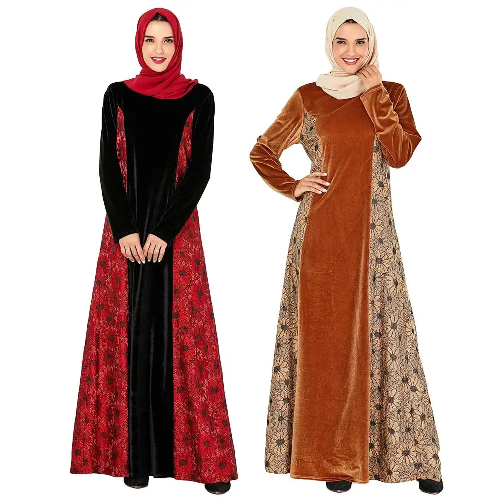 Мусульманская бархатная абайя женское длинное платье с цветочным рисунком