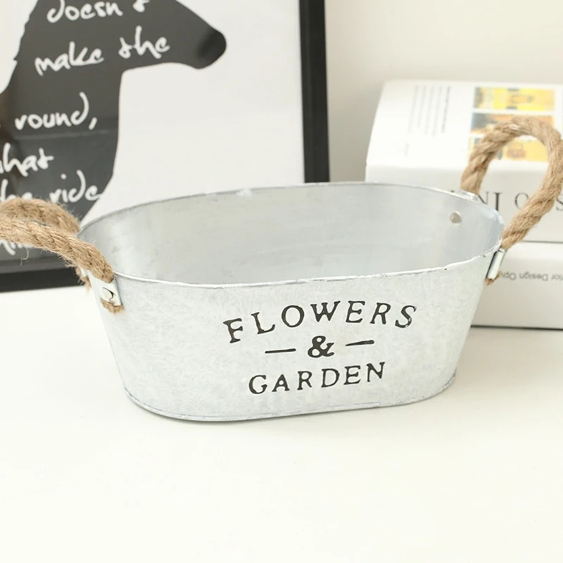 

White Succulent Plant Container Rustic Bucket Flower Pot with Twine Handles Vintage Watering Pot Home Decor Planting