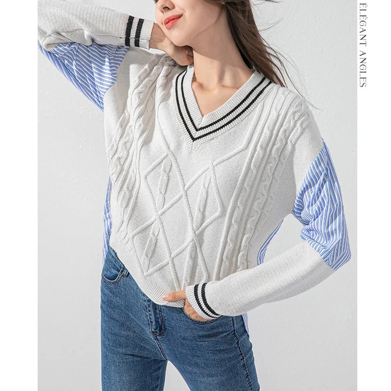 

Женский трикотажный свитер с V-образным вырезом и длинными рукавами