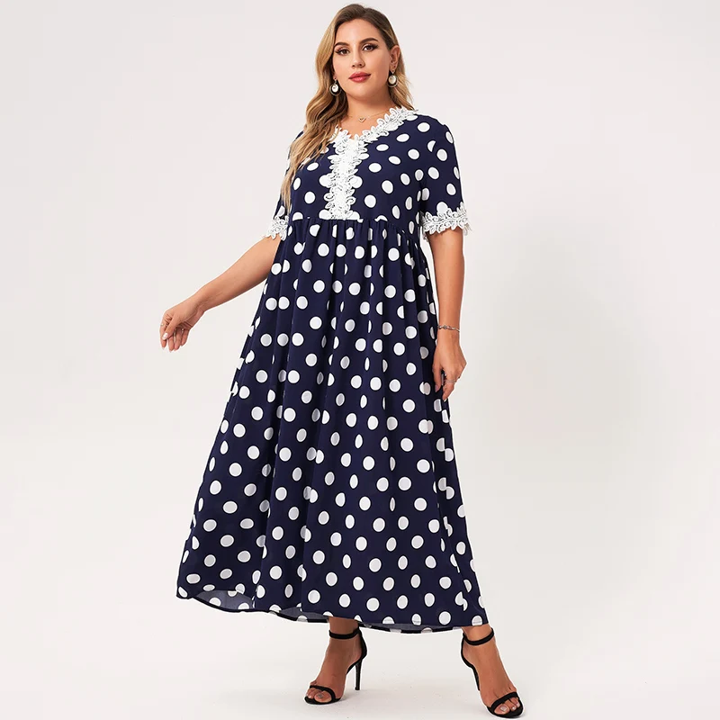 

MakFound Summer Women's Dress Leisure Vacation Polka Dot Stitching Lace Blue Loose Plus Size Elegant Casual Romantic Beach Robe