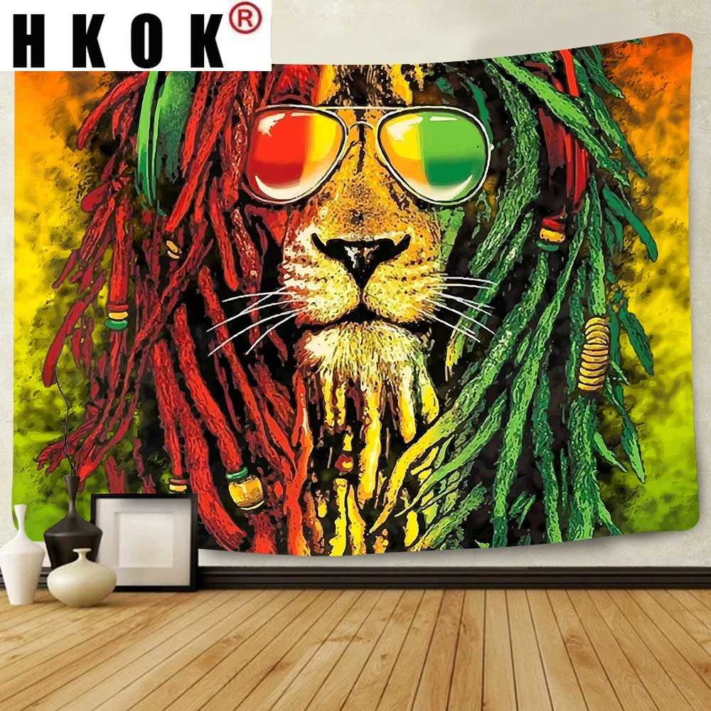

HKOK Psychedelic Rastafarian Tapestry Lion Head Marley Bob Abstract Art Wall Hanging Backdrop Living Room Bedroom Home Decor