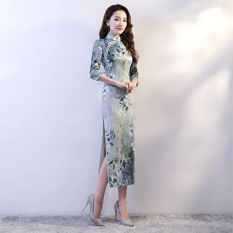 

Elegant Flower Print Long Classic Chinese Dress Female Sexy Slim Elegant Cheongsam Vintage Button Trim Novelty Qipao S-3XL