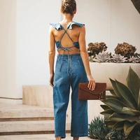 new womens clothing jumpsuits playsuits bodysuits summer short sleeve rompers solid blue denim fabric casual clothes