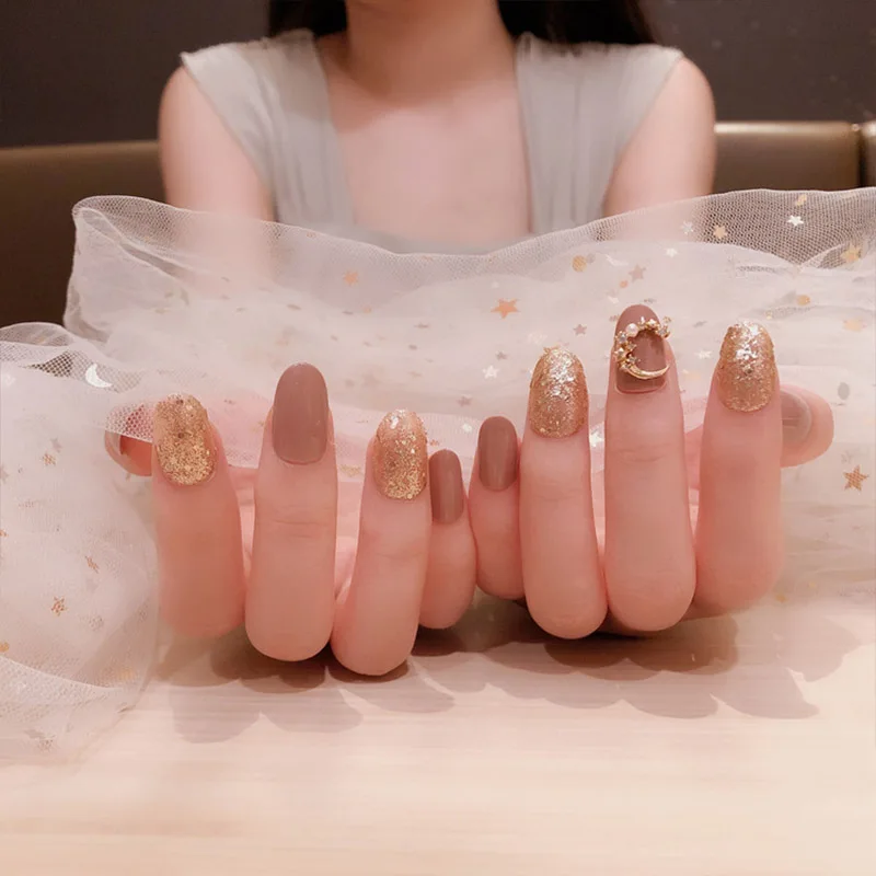 24 шт. нажимные ногти милые стильные накладные розового цвета блестящие золотые