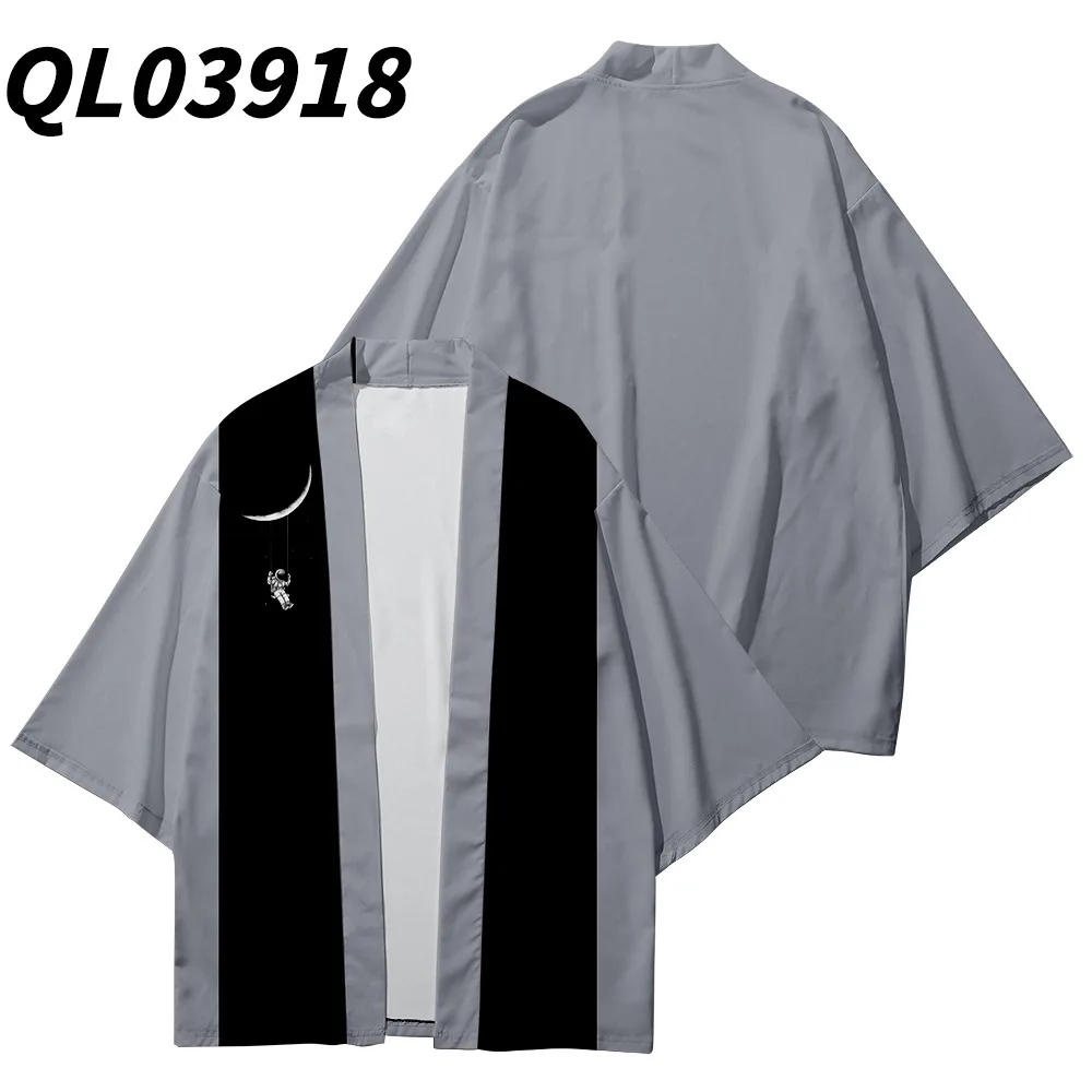 

2021 New Harajuku Grey Print Cardigan Japanese Kimono Fashion Asia Summer Men Loose Blouse Tops Casual Kimono Cosplay