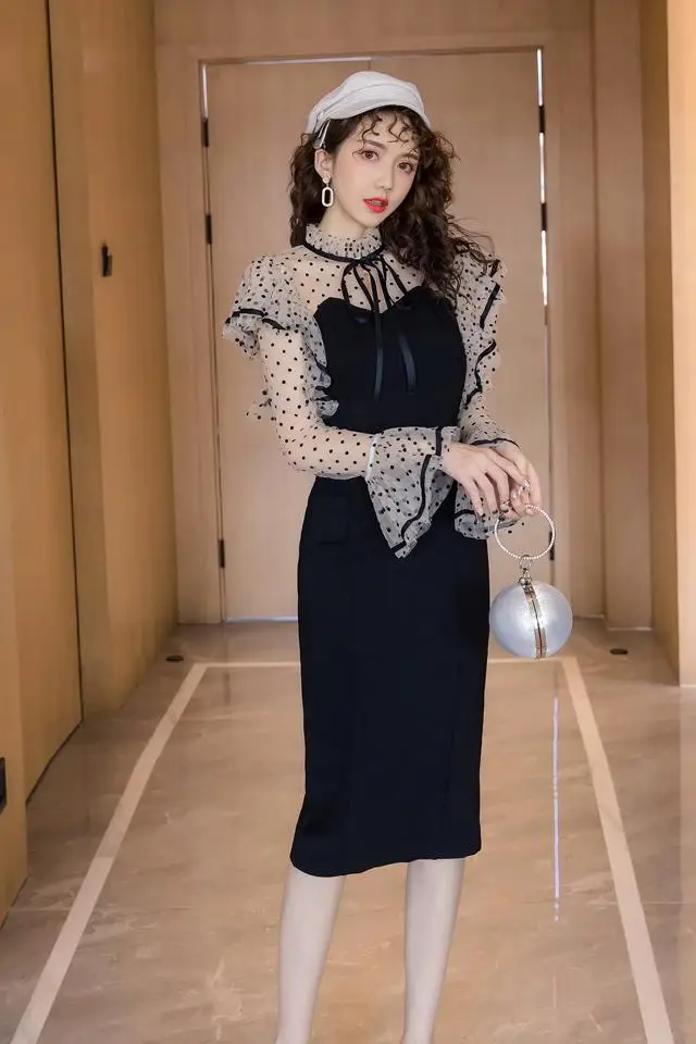 Женское облегающее платье в горошек Черное длинное Сетчатое Корейском стиле