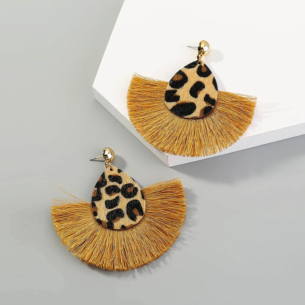 

Popular accessories retro exaggerated fan style women's earrings Bohemian fringed leopard print earrings