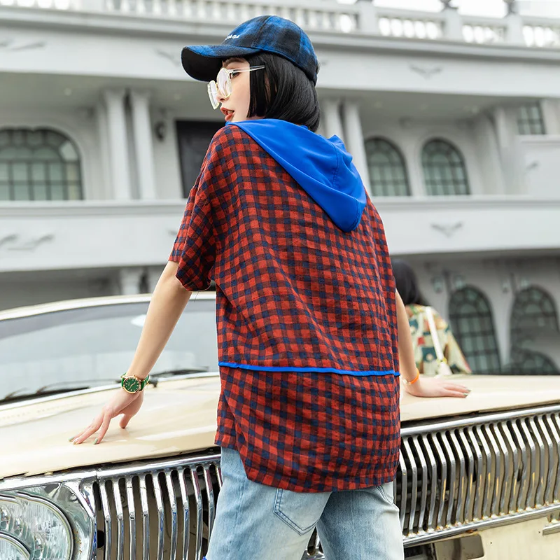 

SOUL OF TIGER New 2020 Fashion Summer Streetwear Ladies Vintage Plaid Tee Shrits Womens Hooded T-shirts Female Patchwork Clothes