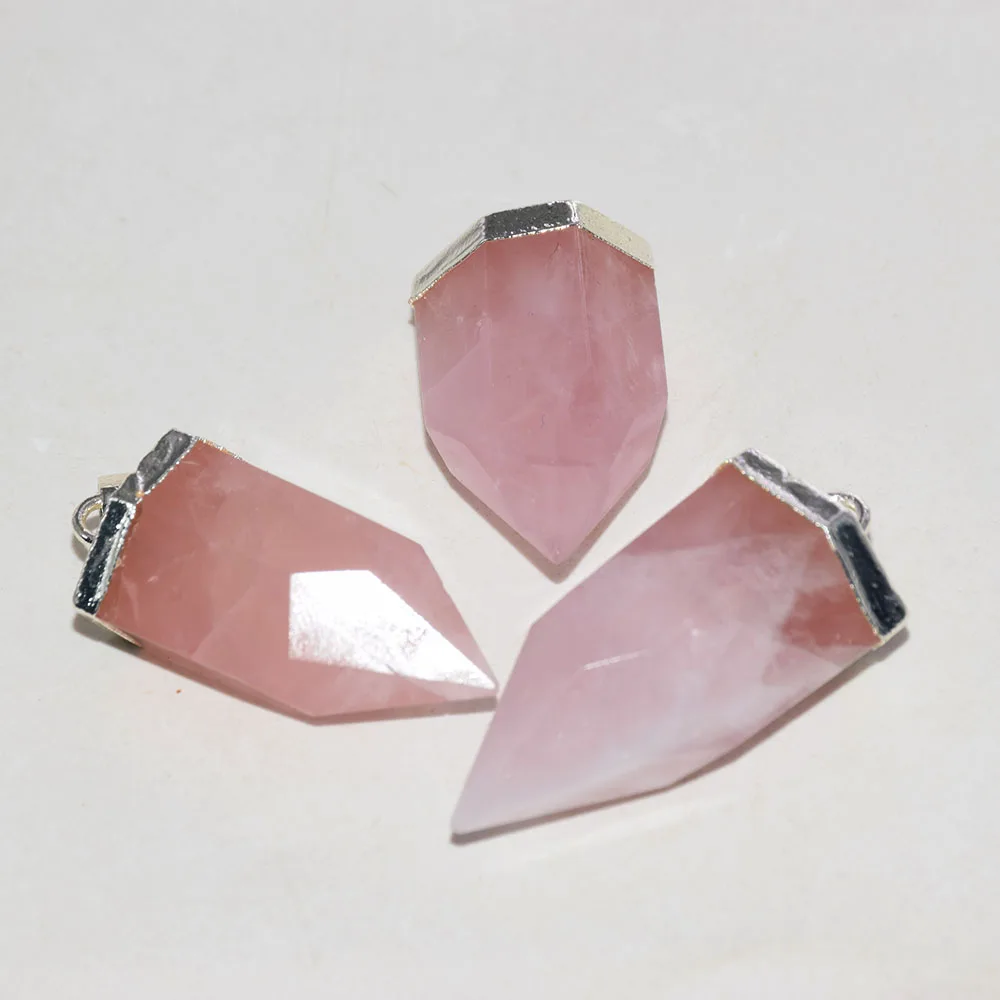 

Natural Rose Quartz Pendant 2022 for women pink crystal stone Love silver cap plating bullet gem stones jewelry making face 5pc