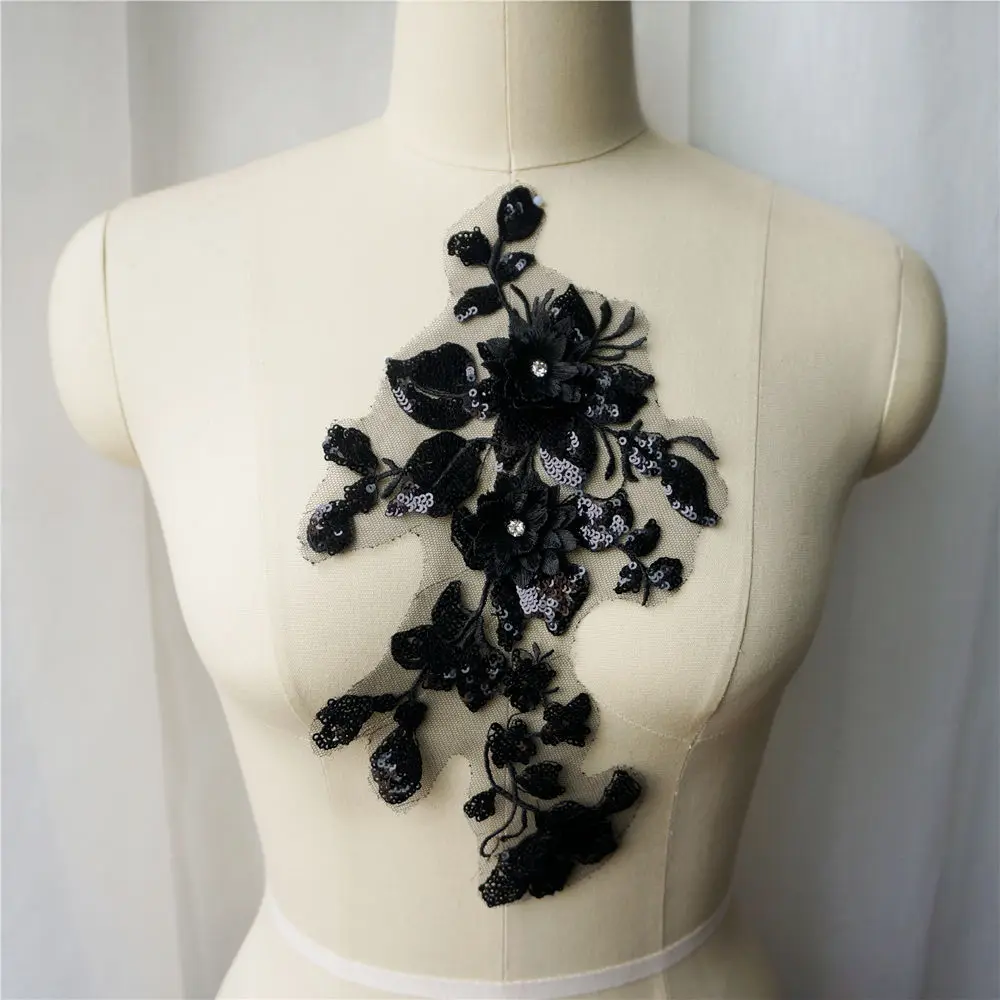 Кружевной 3D цветок с блестками черный белый красный розовый стразы вышивкой