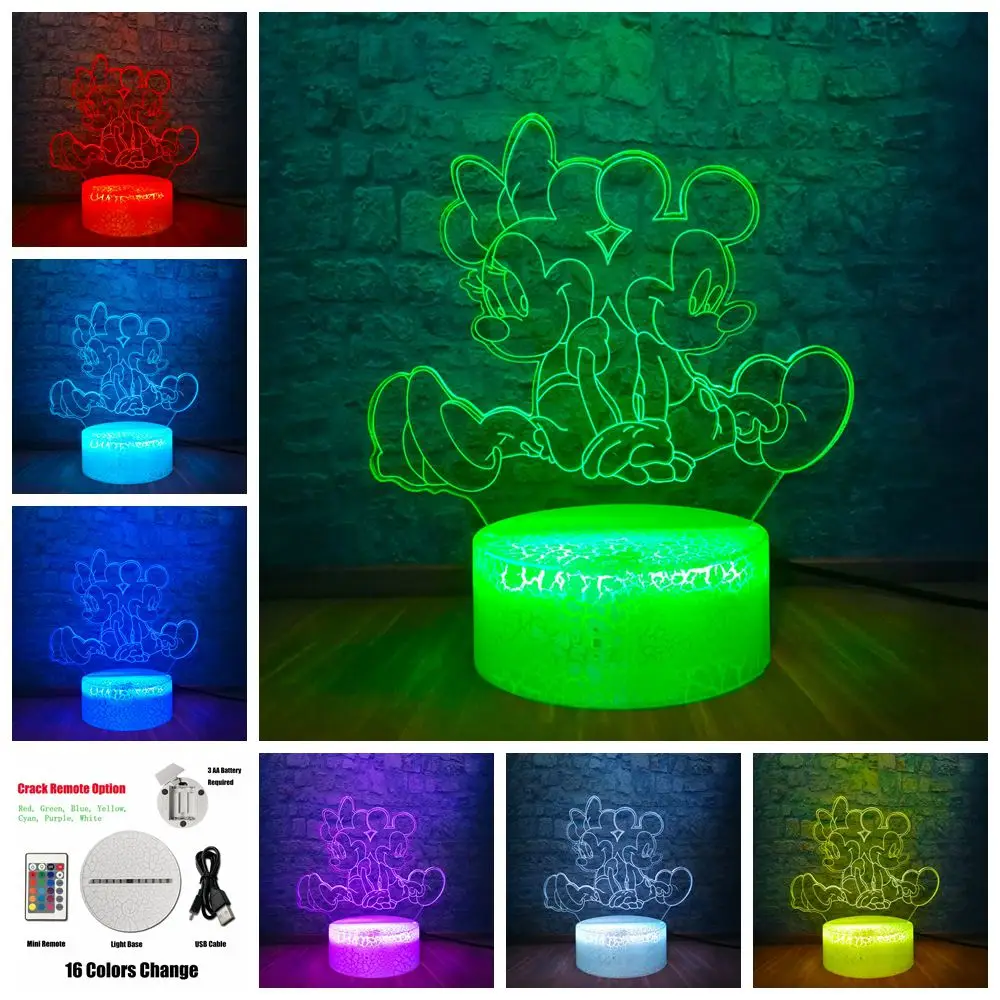 3D лампа Микки Маус Минни друзья светодиодный ночник 7 цветов Изменение USB База переключатель Рождественские декоративные детские игрушки подарок - Испускаемый цвет: crack base
