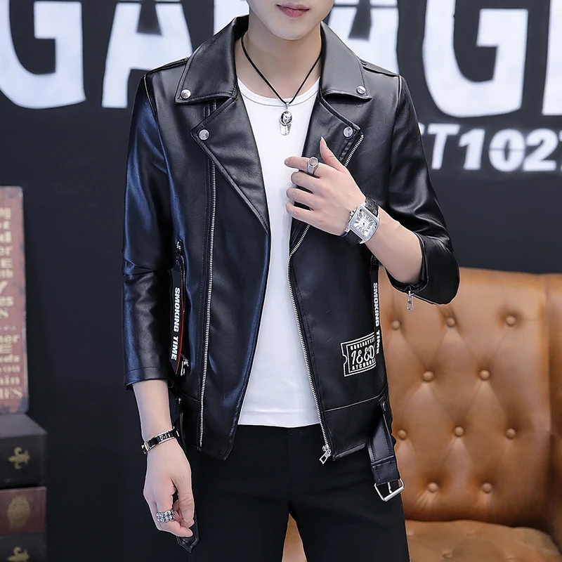 Куртка мужская приталенная из искусственной кожи модная мотоциклетная одежда