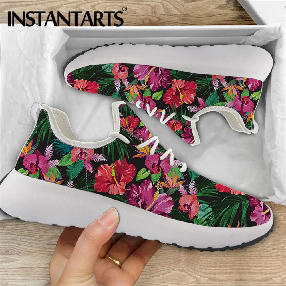 

INSTANTARTS Tropical Hibiscus Flower Brand Design Shoes Woman Flats Sneakers Casual Lace Up Foowear Mesh Sport Walking Shoe 2021