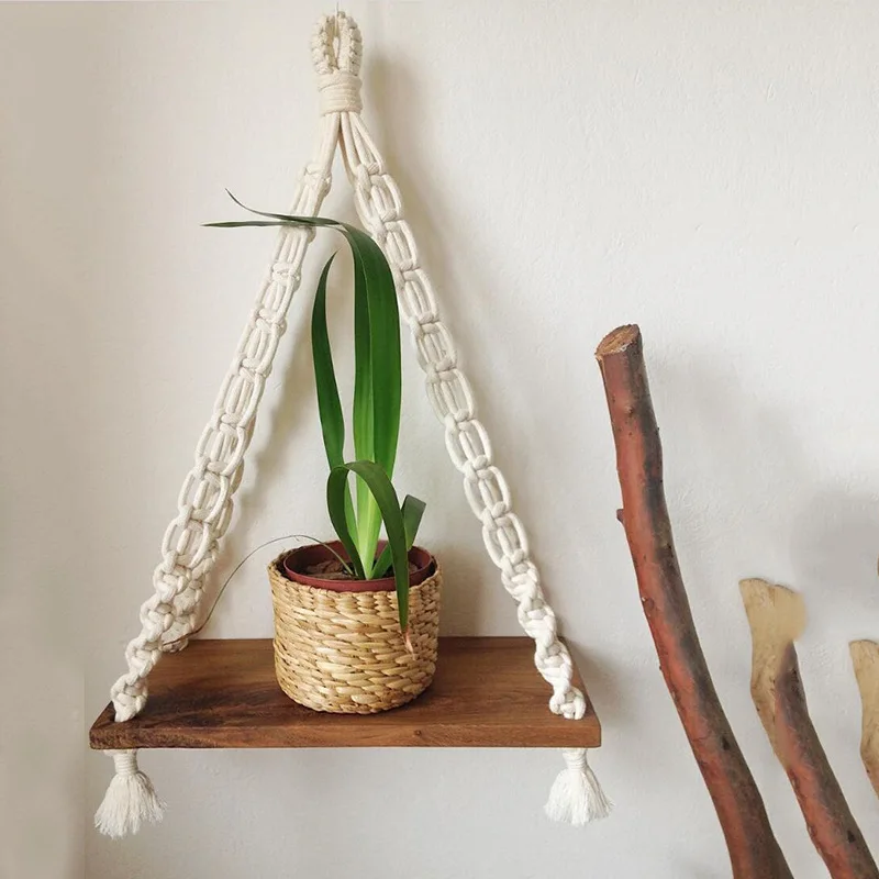 

Bohemian Hand Woven Macrame Tapestry Rack Wall Hanging Wooden Shelf Partition Frame Plant Holder Flower Basket Home Decor