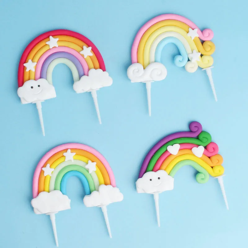 

Large Polymer clay Rainbow Cloud Cake Topper Birthday Party Wedding Cake Decorations Baby Shower Party Supplies Bake Flags 1pc
