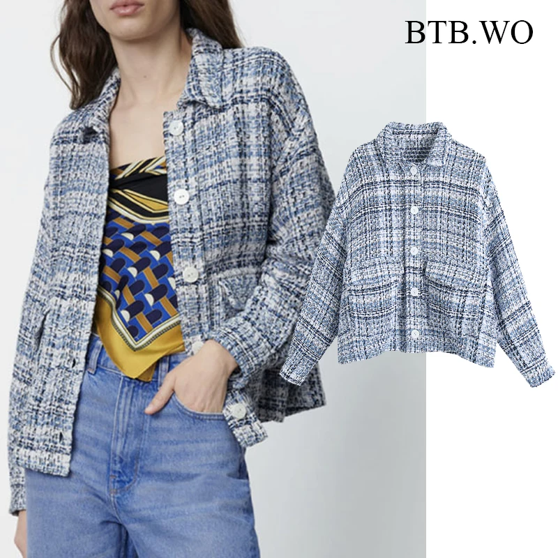 

BTB.WO Women Za Office Wear Single Breasted Plaid Tweed Blazer Coat Lady Vintage Long Sleeve Suits Female Plus Size