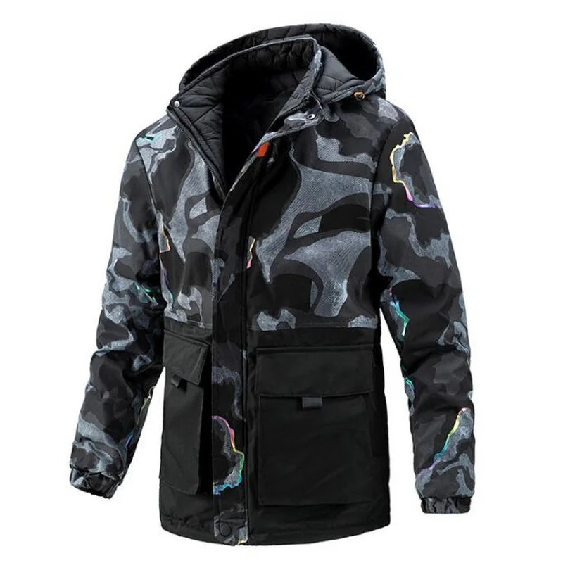 VXO Men's Parka Mid-Length Coat Graffiti Patchwork Camouflage Double-Sided Wear Jacket  Streetwear Winter Warm Outdoor Coat