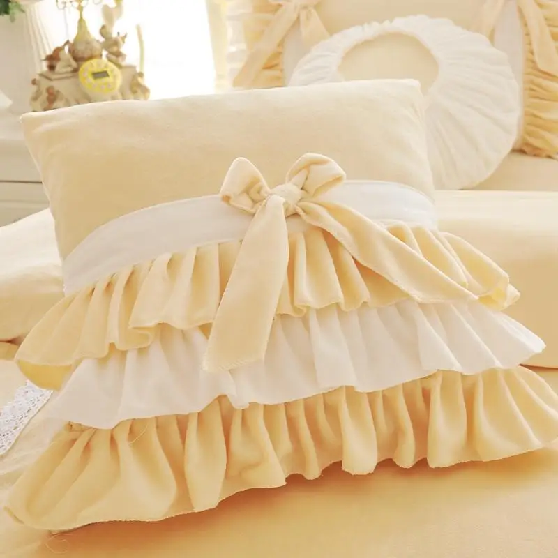 

Korean Princess Yellow Pink Purple Fleece Fabric Bedding Set White Ruffle Bow Duvet Cover Flannel Velvet Bed Skirt Pillowcases