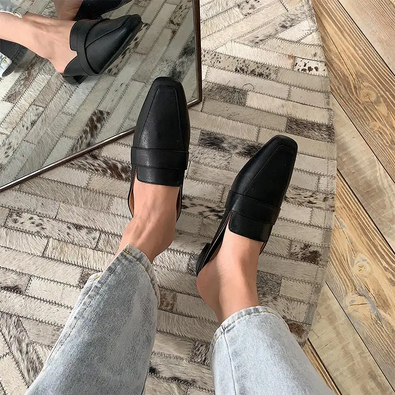 Boussac Vintage Square Toe Women Mules Elegant Party Shoes Slip on Solid Flats SWA0466 | Обувь