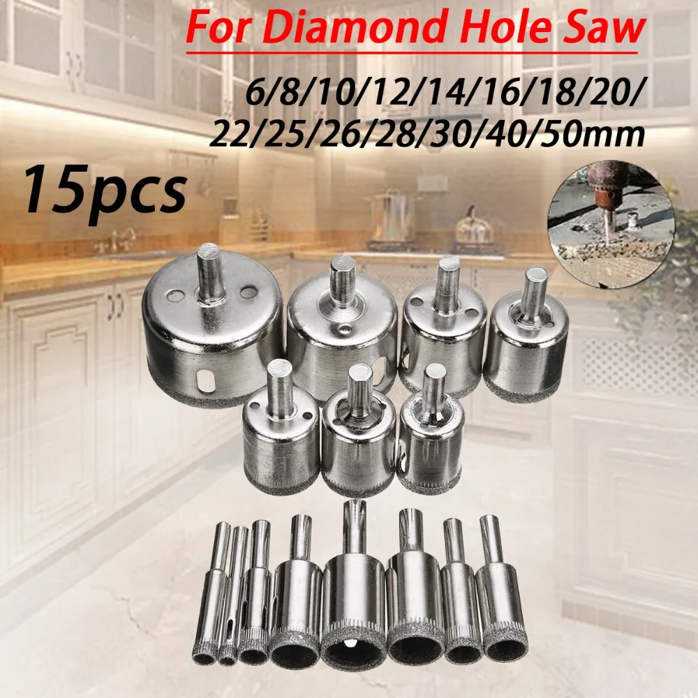

15pcs Diamond Coated Drill Bit Set Tile Marble Glass Ceramic Hole Saw Drilling Bits For Power Tools 6mm-50mm