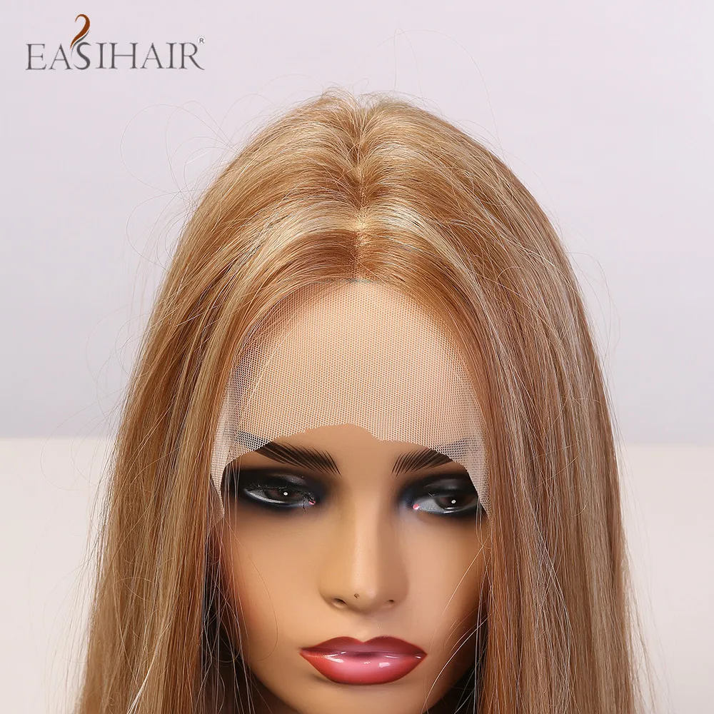 EASIHAIR-pelucas de encaje frontal para mujer, pelo largo liso, marrón, Rubio sintético, resalta las pelucas de encaje para mujeres negras, brasileño resistente al calor