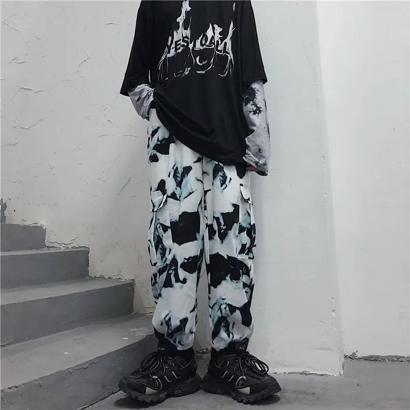 

2021 summer new ins Retro High Street dark tie dye versatile casual overalls wide leg pants women's fashion