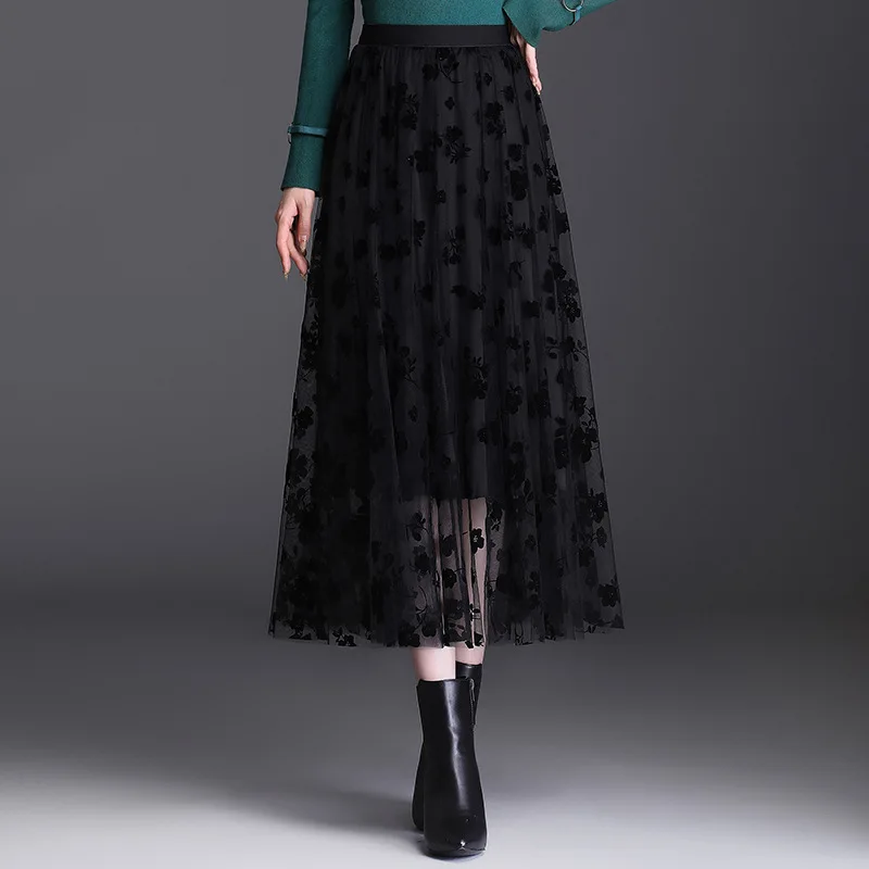 

High Waist Big Swing Flocking Mesh Black Pleated Skirt for Women Retro Elegant Loose Korean Casual Long Skirts Spring Fall