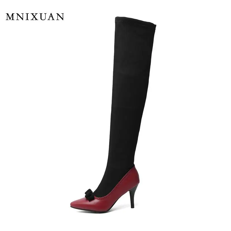 

MNIXUAN Fashion boot 2019 autumn winter women shoes over the knee thigh high boots pointed toe high heels long boots big size 47