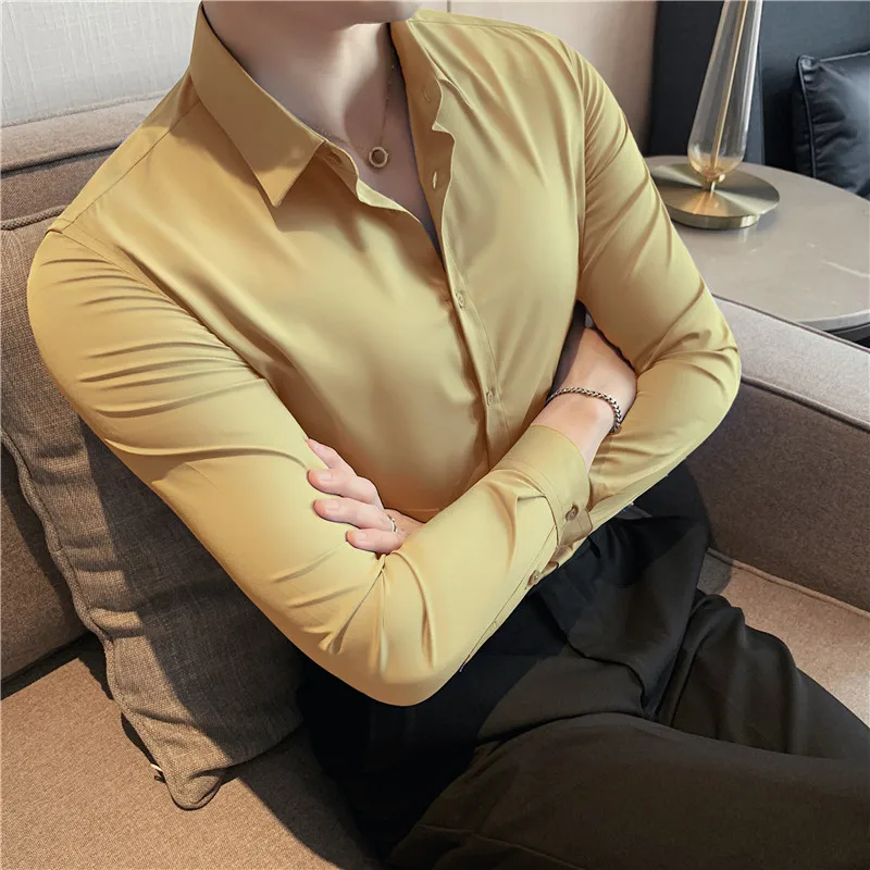 

Solid Color Men Shirts Long Sleeve Slim Business Formal Dress Shirts Social Party Tuxedo Casual Shirt Streetwear Men Clothing