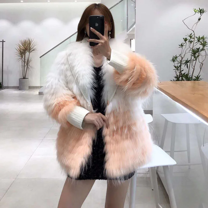 

SHZQ Winter Jacket Women New Fashion Regular Style Casual Real Raccoon Dog Fur Coat Turn-down Collar Slim Fur + Fn0057