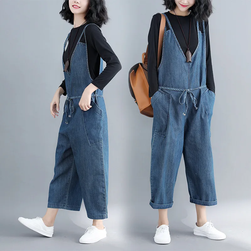 Large Size Rompers Women Overalls High Waist Lace Up Jumpsuit Women Denim Rompers Autumn Loose Wide Leg Suspenders Jumpsuits