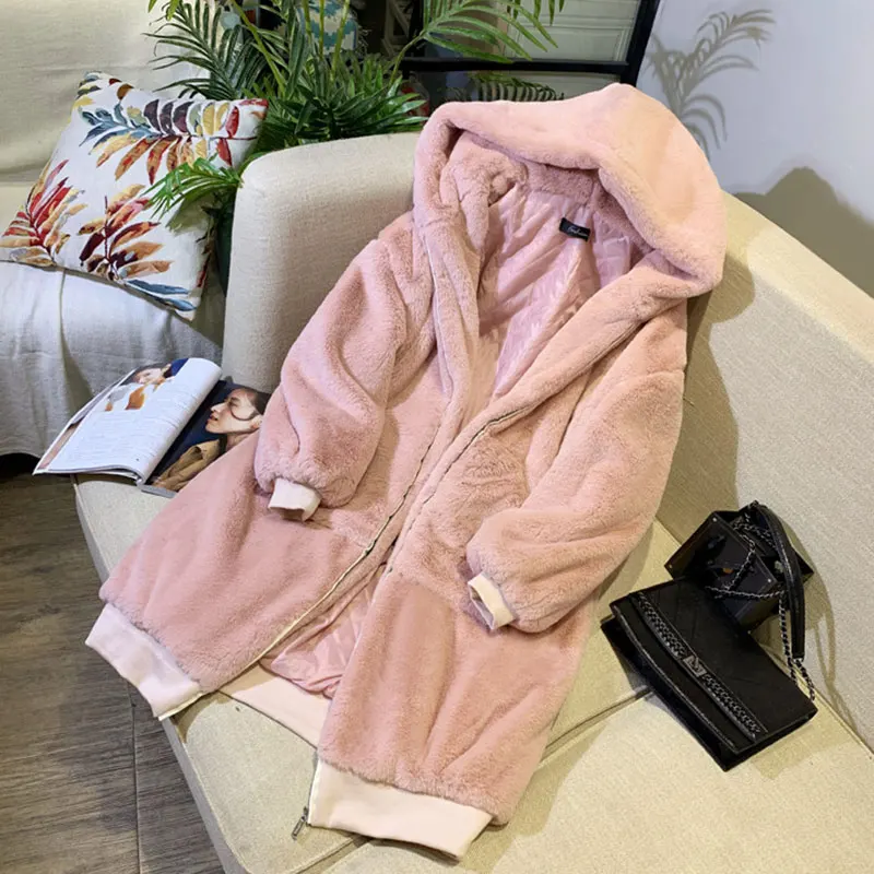 Pink Зимняя теплая куртка с капюшоном большого размера, женское плотное длинное пальто, однотонное пальто из искусственного меха, женская повседневная меховая куртка из искусственного меха, верхняя одежда - Цвет: Pink