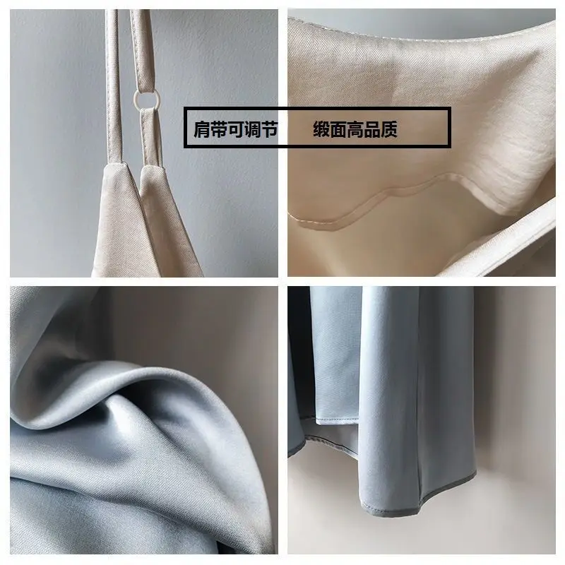 

Summer Satin Dress Women V Neck Sexy Spaghetti Strap A Line Mid-calf Dress Korean Casual Slim Dresses Solid Black Clothing Mujer