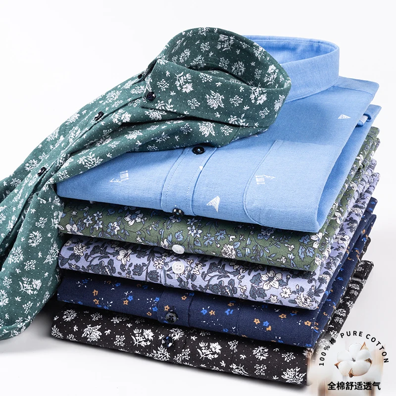 Print Cotton Oxford Shirts for Men Floral Long Sleeve Plus Size 7xl Man Casual Shirts Regular Fit with Front Pocket  Autumn New