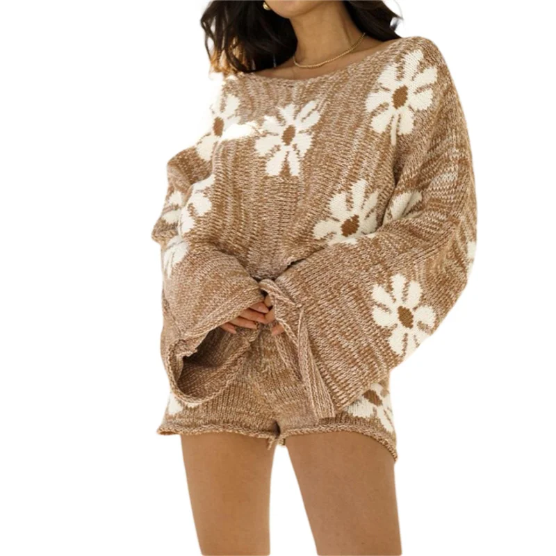 

CHRONSTYLE Women 2 Piece Autumn Knitted Sets Long Sleeve Floral Sweater Pullovers Zip Up Shorts Suits Fashion Loose Outfits 2021