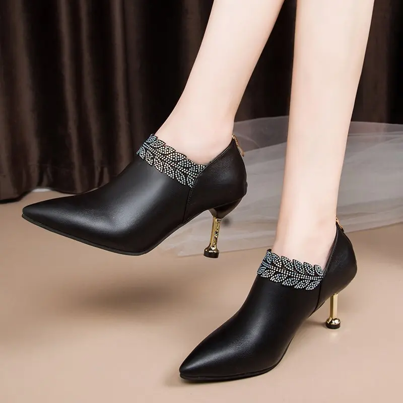 

Genuine Leather High Heels Deep Mouth Single Shoes Pointed Toe Women's Pumps Women Slip on Wedding Shoes