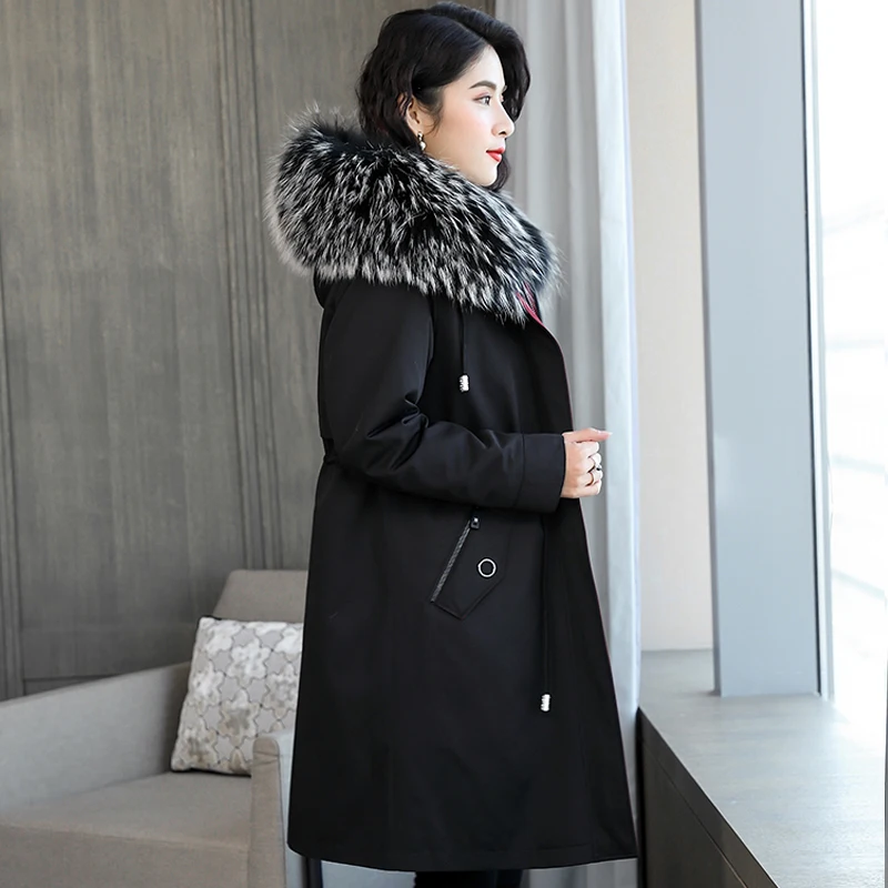 

2021 raccoon fur tie hat pie overcoming coat women's mid-length new style detachable rex rabbit fur liner fur coat