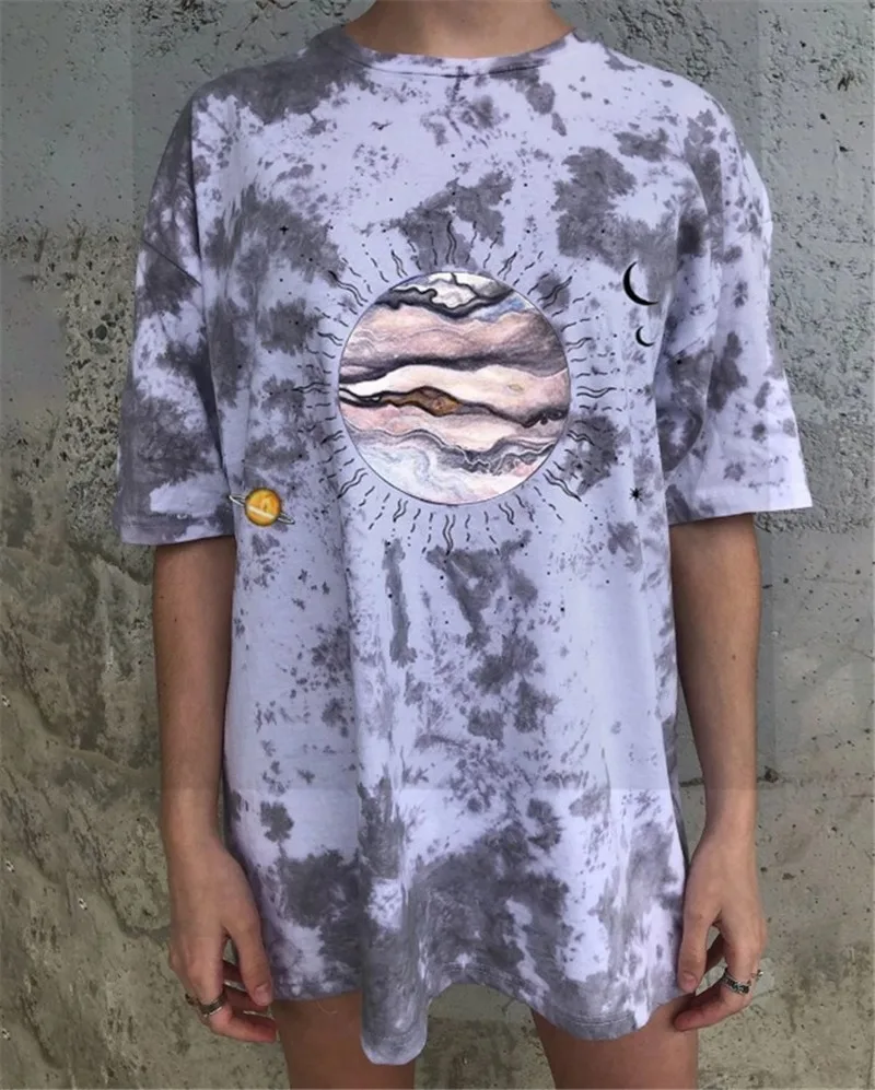 

Tie Dye Pattern Printing Vintage Oversized Graphic T Shirts Women Short Sleeve O Neck Loose 2021 Summer Plus Size French Clothes