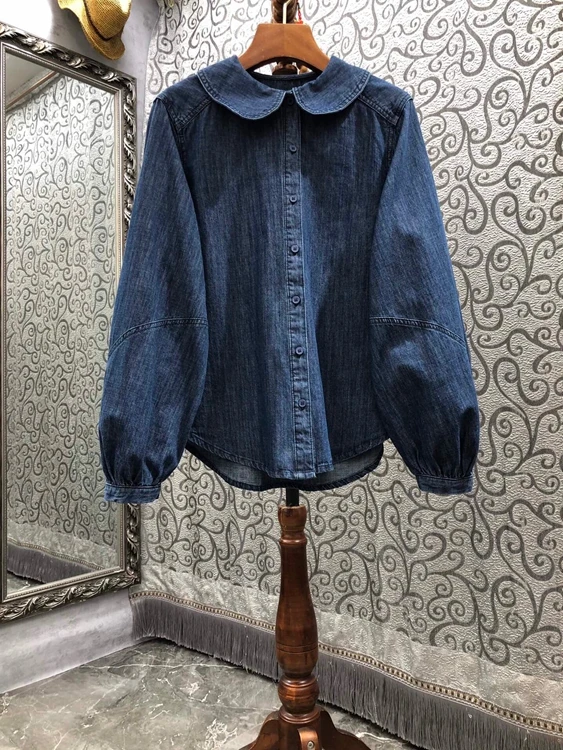 

Новинка 2021, Модный женский джинсовый топ с оборками и маленькими лацканами, украшенный пуговицами, с длинными рукавами, подходит ко всему, ...