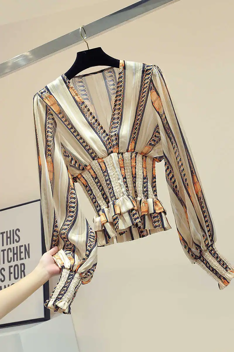 

Autumn Arrivals Long Sleeve V Neck Beige Striped Slim Top Women Chiffon Blouse