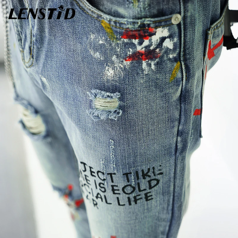 Джинсы LENSTID мужские рваные с надписью уличная одежда в стиле хип хоп джинсы из