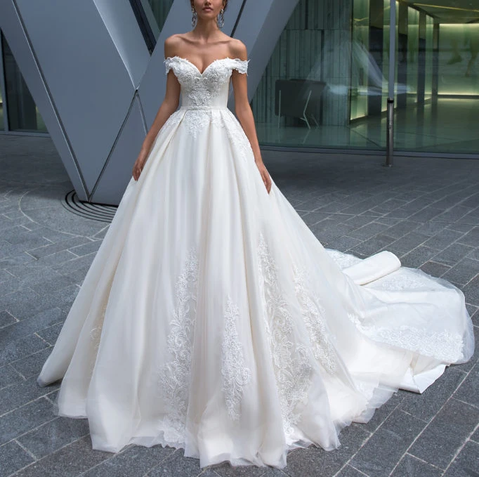 Vestido De Noiva Ball Gown Wedding Dress 2020 Tulle Appliques Off the Shoulder Long Train Bridal Gowns Robe Mariee | Свадьбы и