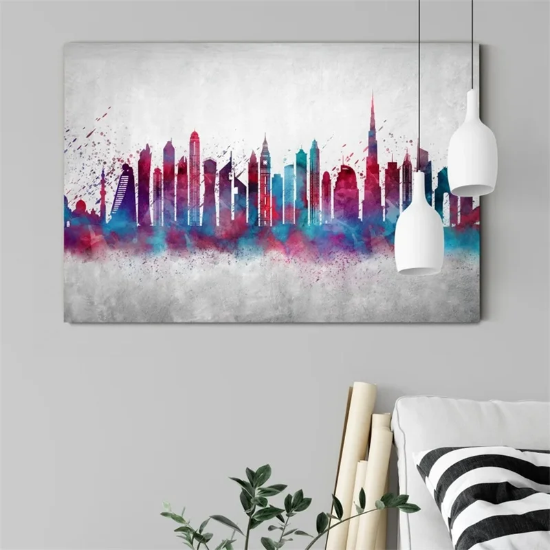 

Watercolor Famous City Outline Canvas Painting Wall Art Dubai London Hongkong Paris Chicago Poster And Prints Home Decor Cuadros