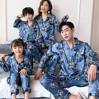 spring autumn silk family matching outfits pijama long sleeve mommy dad me clothes pajamas set satin kids adult homewear set